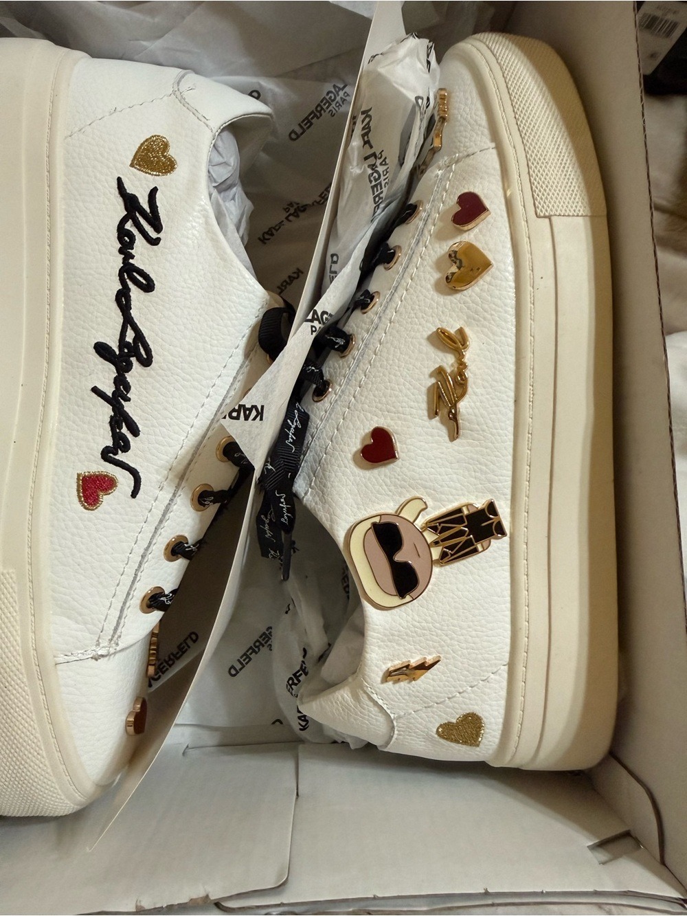 Karl Lagerfeld White Leather Sneaker with Black Laces and Gold & Red Charms - Picture 8 of 9